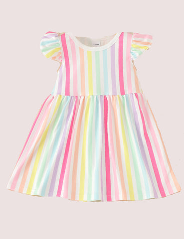 Flounced Sleeve Rainbow Striped Dress