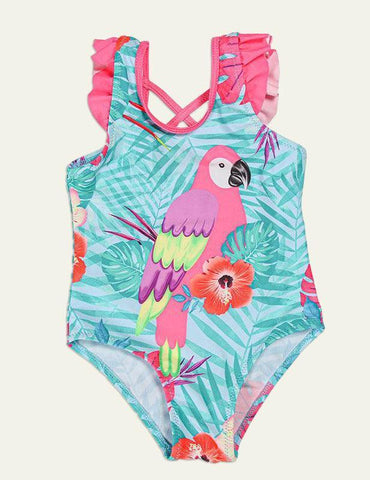 Parrot Cartoon Lotus Leaf Sleeve One Piece Swimsuit