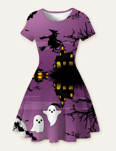 Halloween Ghost Bat Cartoon Printed Dress