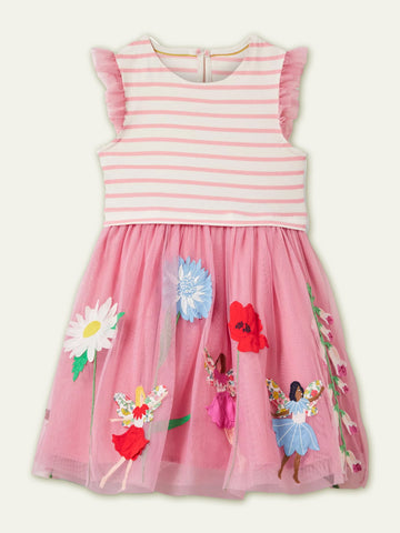 Toddler Girl Stripe Flower Embroidered Ruffle Layered Mesh Splice Dress