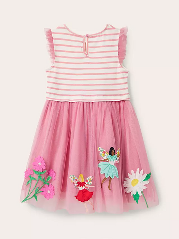 Toddler Girl Stripe Flower Embroidered Ruffle Layered Mesh Splice Dress