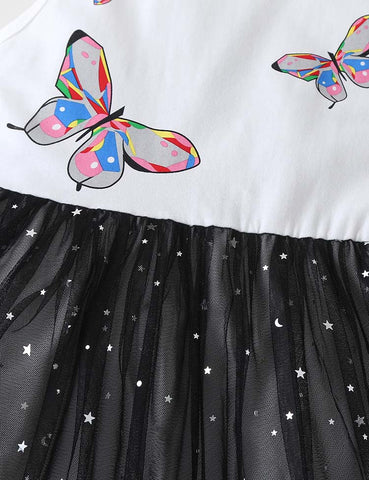 Toddler Girl Butterfly Printed Sleeveless Splicing Polka Dots Mesh Dress