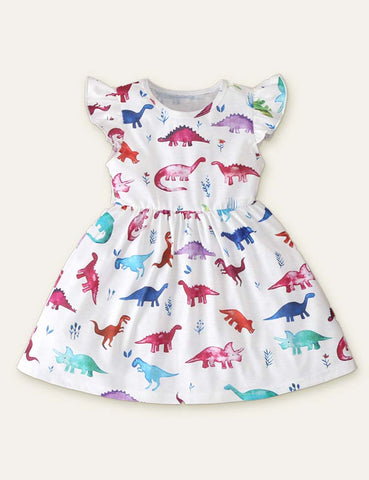 Toddler Girl Dinosaur Butterfly Printed Flutter Sleeves Splice Dress