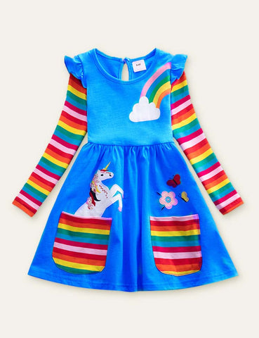 Unicorn Flowers Appliqué Rainbow Long Sleeve Dress