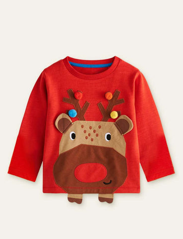 Elk Appliqué Fur Ball Long Sleeve T-shirt