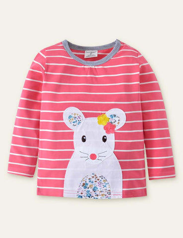 Floral Mouse Appliqué Striped Long-Sleeved T-shirt