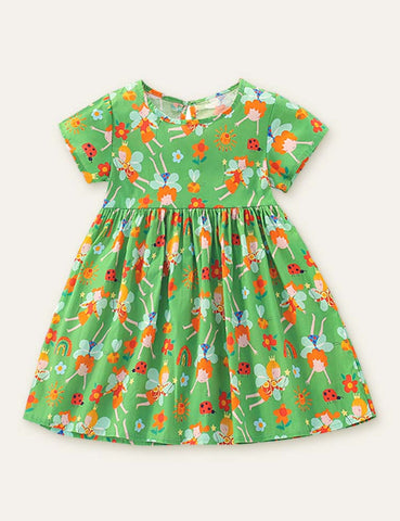 Toddler Girl Floral Butterfly Printed Short Sleeves Splice Dress