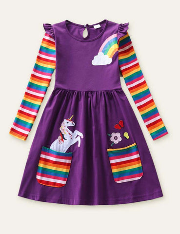 Unicorn Flowers Appliqué Rainbow Long Sleeve Dress