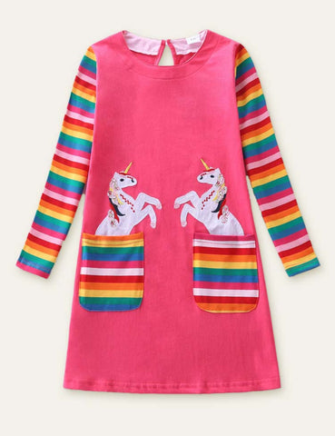 Unicorn Appliqué Rainbow Pocket Long Sleeve Dress