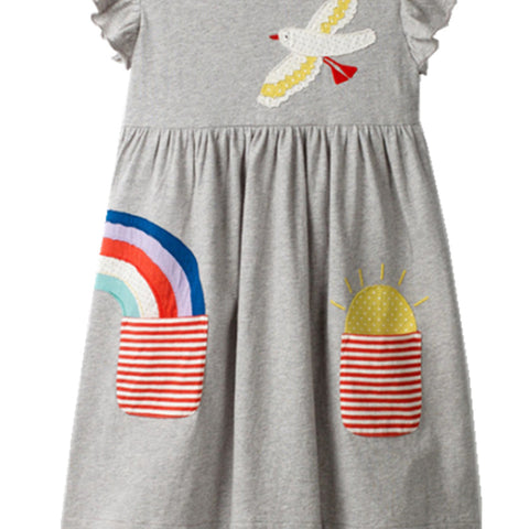 Girl's Bird Rainbow Sun Appliqué Dress