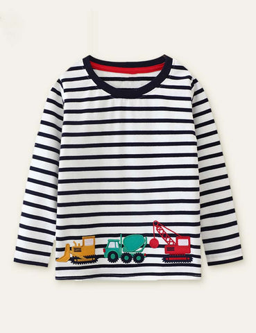 Excavator Appliqué Striped Long Sleeve T-shirt