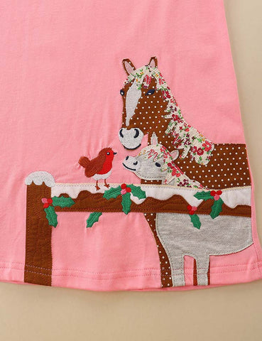 Horse and Bird Appliqué Long Sleeve Dress