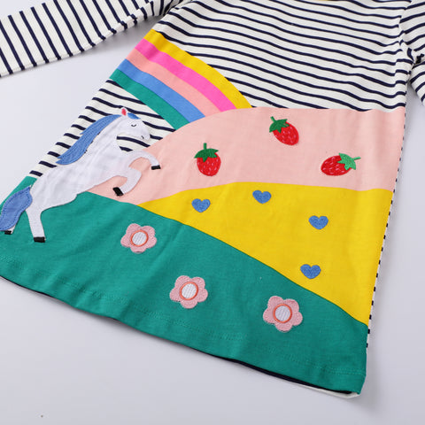 Rainbow and White Horse Meadow Appliqué Dress