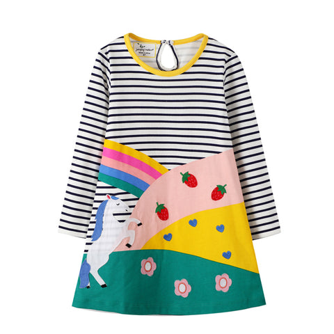 Rainbow and White Horse Meadow Appliqué Dress