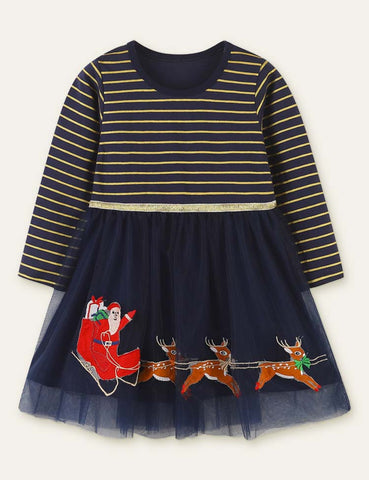 Santa Elk Appliqué Mesh Stripes Dress