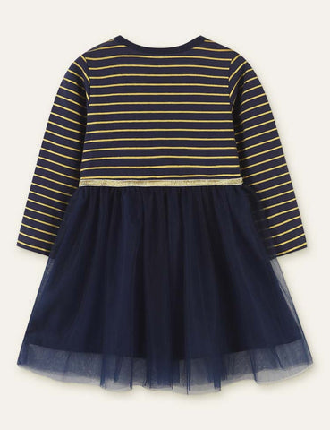 Santa Elk Appliqué Mesh Stripes Dress