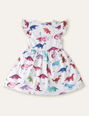 Toddler Girl Dinosaur Butterfly Printed Flutter Sleeves Splice Dress