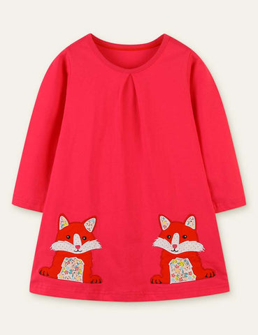 Floral Fox Appliqué Long Sleeve Dress