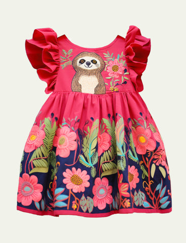 Clearance-Toddler Girl Sloth & Flower Applique Lace Flutter Sleeves Dress