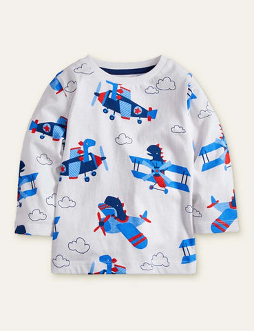 Dinosaur Airplane Printed Long Sleeve T-shirt