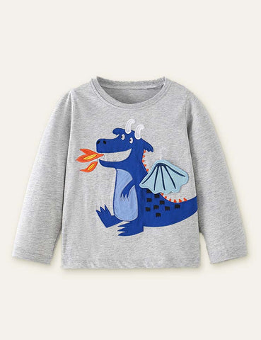 Funny Dinosaur Appliqué Long Sleeve T-shirt