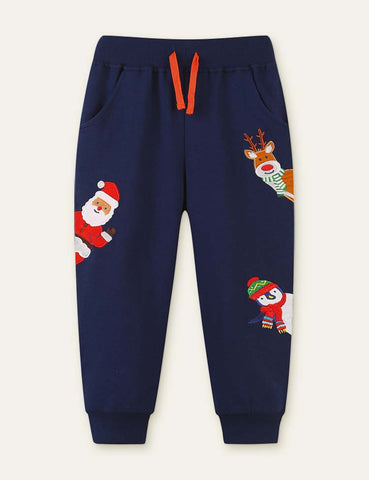 Penguin Elk Santa Appliqué Sweatpants