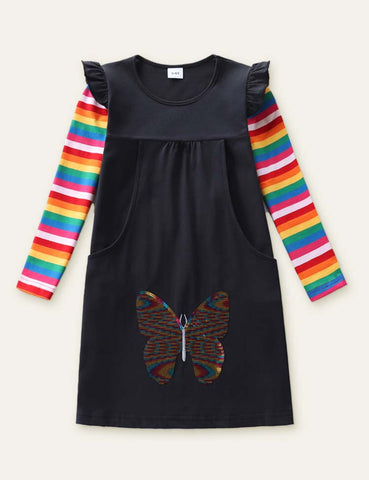 Sequined Butterfly Rainbow Long Sleeve Dress