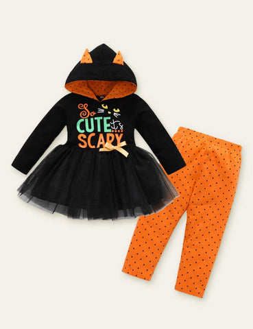 Halloween Letter Printed Dot Mesh Hooded Set