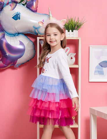 Sequined Unicorn Printed Mesh Party Dress