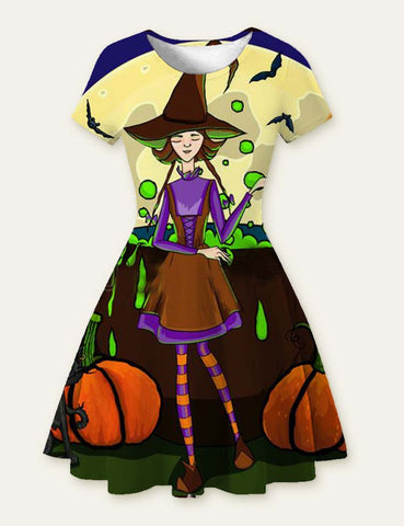 Halloween Ghost Bat Cartoon Printed Dress