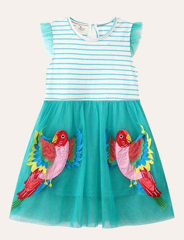 Toddler Girl Stripe Flower Embroidered Ruffle Layered Mesh Splice Dress