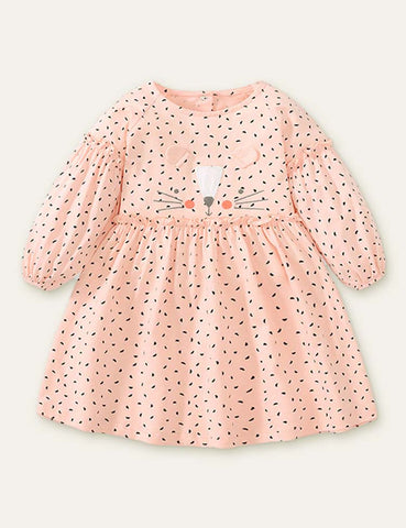 Cute Kitten Embroidered Polka Dot Long Sleeve Dress