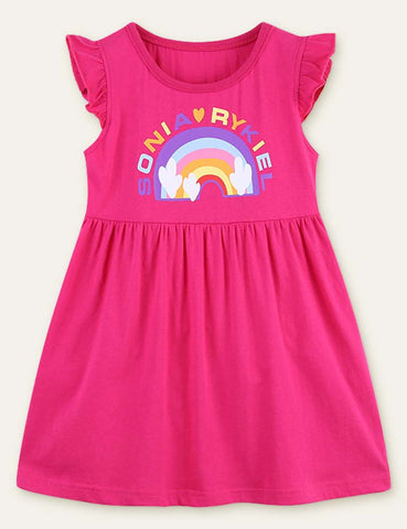 Toddler Girl Rainbow Printed Flutter-sleeve Splice Dress