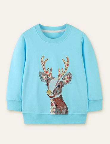 Floral Deer Appliqué Embroidered Sweatshirt