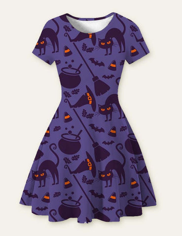 Halloween Ghost Bat Cartoon Printed Dress