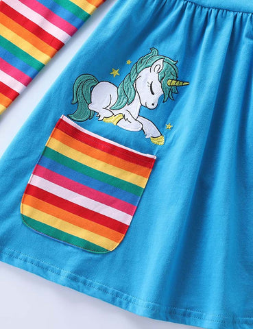 Embroidered Unicorn Appliqué Rainbow Printed Long Sleeve Dress