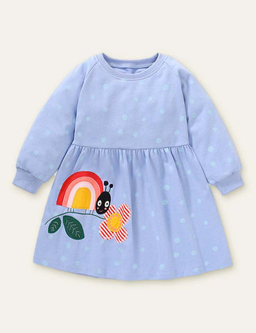 Rainbow Ladybug Appliqué Long Sleeve Dress