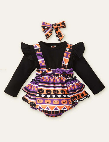 Halloween Pumpkin Striped Printed Romper