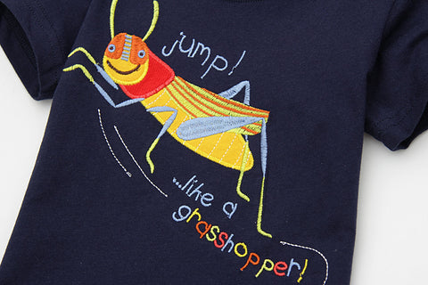 Neck Knitted Cartoon Grasshopper Embroidered T-shirt