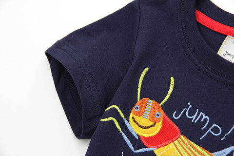 Neck Knitted Cartoon Grasshopper Embroidered T-shirt