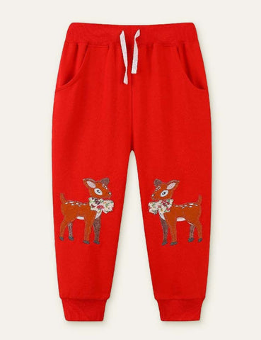 Deer Floral Appliqué Sweatpants