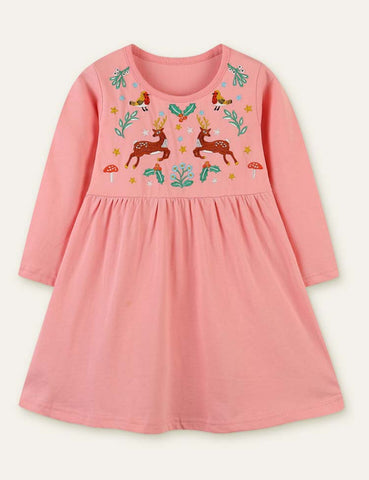 Deer Bird Embroidered Long Sleeve Dress