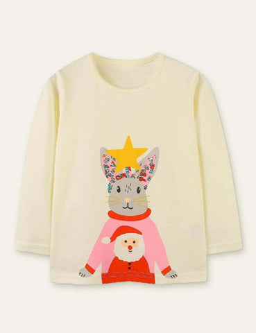 Christmas Rabbit Printed Long-Sleeved T-shirt