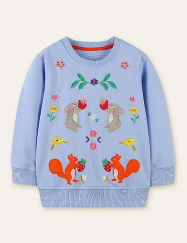 Squirrel Rabbit Appliqué Embroidered Sweatshirt