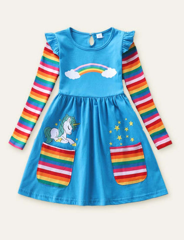 Embroidered Unicorn Appliqué Rainbow Printed Long Sleeve Dress