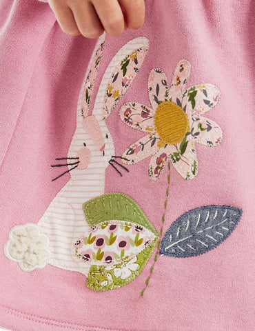 Rabbit Flower Appliqué Long Sleeve Dress