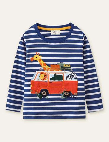 Toddler Boy Animal Bus Embroidered Striped Long Sleeves Shirt