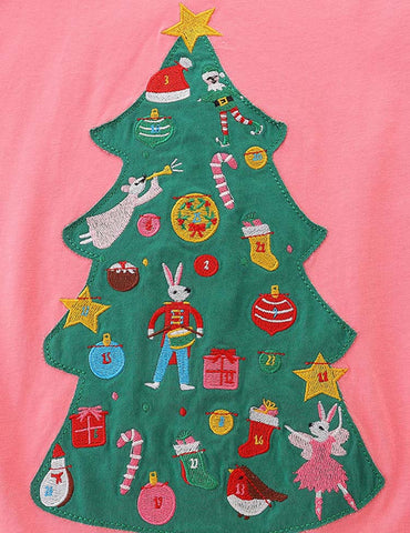 Christmas Tree Appliqué Embroidered Striped Dress