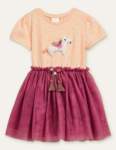 Toddler Girl Unicorn Dot Short Sleeves Mesh Splice Dress