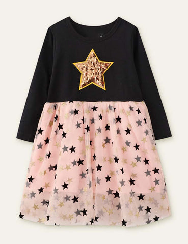 Star Printed Mesh Long Sleeve Dress